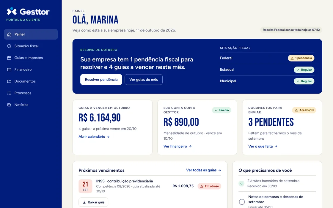 Painel do Portal do Cliente Gesttor, com o resumo do mês, a situação fiscal e as guias a vencer